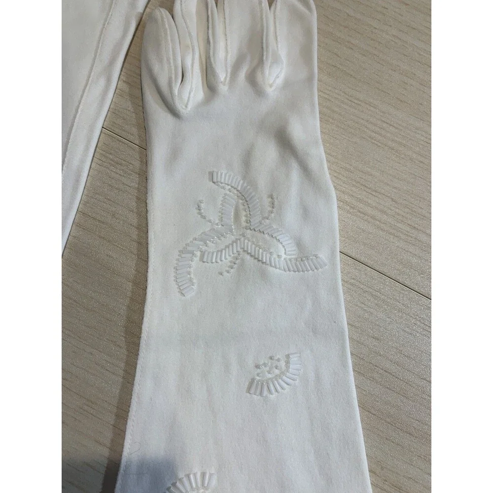 Vintage Gloves~WEAR-RITE White Cotton Gloves Beaded Design Wedding-Bridal 6.5